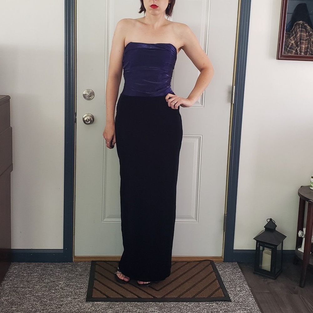 Y2K Jessica McClintock for Gunne Sax Blue and Black Velvet Slinky Gown